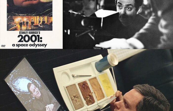 This image is a collage of three different pictures related to the film "2001: A Space Odyssey" directed by Stanley Kubrick. The top left image is of the DVD cover for "2001: A Space Odyssey," which shows an astronaut's face with a look of awe or fear, reflecting a key scene from the movie. The title of the film is prominently displayed at the bottom of this cover. The top right photo is a black-and-white image showing Stanley Kubrick himself, presumably directing on the set of the movie. He appears focused and is interacting with someone off-camera. The bottom image captures a scene from the movie where an astronaut is eating a meal in space, portrayed by the actor Keir Dullea, who played Dr. Dave Bowman in the film. In front of him is a tray with various compartments containing different-colored food, depicting the futuristic concept of meals in the setting of space travel. Together, these images represent different aspects of the film's production and narrative, from its marketing to behind-the-scenes, and a memorable moment from the storyline itself.