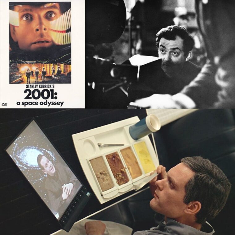 This image is a collage of three different pictures related to the film "2001: A Space Odyssey" directed by Stanley Kubrick. The top left image is of the DVD cover for "2001: A Space Odyssey," which shows an astronaut's face with a look of awe or fear, reflecting a key scene from the movie. The title of the film is prominently displayed at the bottom of this cover. The top right photo is a black-and-white image showing Stanley Kubrick himself, presumably directing on the set of the movie. He appears focused and is interacting with someone off-camera. The bottom image captures a scene from the movie where an astronaut is eating a meal in space, portrayed by the actor Keir Dullea, who played Dr. Dave Bowman in the film. In front of him is a tray with various compartments containing different-colored food, depicting the futuristic concept of meals in the setting of space travel. Together, these images represent different aspects of the film's production and narrative, from its marketing to behind-the-scenes, and a memorable moment from the storyline itself.