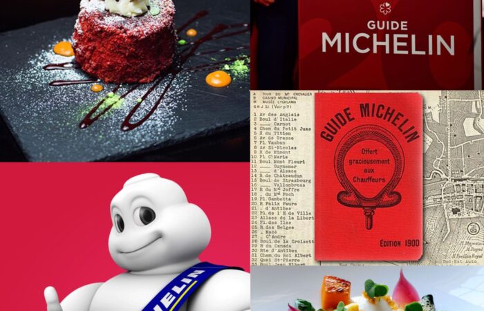 This image is a collection of four different images related to the Michelin Guide and gastronomy. In the top left, there is an elegantly presented dessert on a dark plate, garnished artistically with what appears to be a drizzle of sauce and decorative elements. The top right image features the cover of the red "GUIDE MICHELIN" with the iconic logo, against a background of chefs in white uniforms, suggesting the guide's association with culinary expertise. The bottom left image includes the famous Michelin Man, known as Bibendum, giving a thumbs-up, wrapped with a blue sash that has the "MICHELIN" branding. This character is a well-known symbol of the Michelin tire company, which originally published the guide. In the bottom right, there's a culinary dish displayed with precision, featuring vibrant colors and neatly arranged ingredients, indicative of fine dining. The bottom two images are set against a red background, consistent with Michelin's branding color. The presence of the Michelin Guide suggests a focus on high-quality dining experiences, as the guide is renowned for awarding Michelin stars to restaurants of exceptional quality.