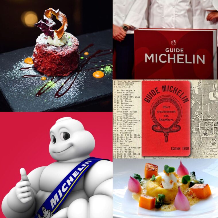 This image is a collection of four different images related to the Michelin Guide and gastronomy. In the top left, there is an elegantly presented dessert on a dark plate, garnished artistically with what appears to be a drizzle of sauce and decorative elements. The top right image features the cover of the red "GUIDE MICHELIN" with the iconic logo, against a background of chefs in white uniforms, suggesting the guide's association with culinary expertise. The bottom left image includes the famous Michelin Man, known as Bibendum, giving a thumbs-up, wrapped with a blue sash that has the "MICHELIN" branding. This character is a well-known symbol of the Michelin tire company, which originally published the guide. In the bottom right, there's a culinary dish displayed with precision, featuring vibrant colors and neatly arranged ingredients, indicative of fine dining. The bottom two images are set against a red background, consistent with Michelin's branding color. The presence of the Michelin Guide suggests a focus on high-quality dining experiences, as the guide is renowned for awarding Michelin stars to restaurants of exceptional quality.