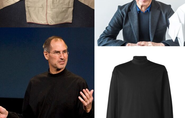 This image is a compilation of four separate images, each depicting iconic clothing associated with notable figures, although the individuals are not identified in the image. In the top left, there is a beige jacket with a red seam and a pocket on the left side, laid out flat to showcase its design. This type of jacket is often associated with a specific tech entrepreneur and industrial designer. The top right shows a portrait of Issey Miyake in a dark blazer over a blue shirt, smiling at the camera. His attire is professional, and the style of clothing is often linked with influential business professionals. In the bottom left, Steve Jobs in a black turtleneck and jeans, gesturing mid-speech. This casual yet distinctive look is closely associated with a particular late American business magnate known for his impact on the technology industry. Finally, the bottom right image displays a plain black turtleneck sweater. This style of clothing became an emblematic part of the aforementioned business magnate's signature look. Each piece of clothing in this collection is symbolic, representing the personal brand and public image of influential figures known for their roles in innovation and business.