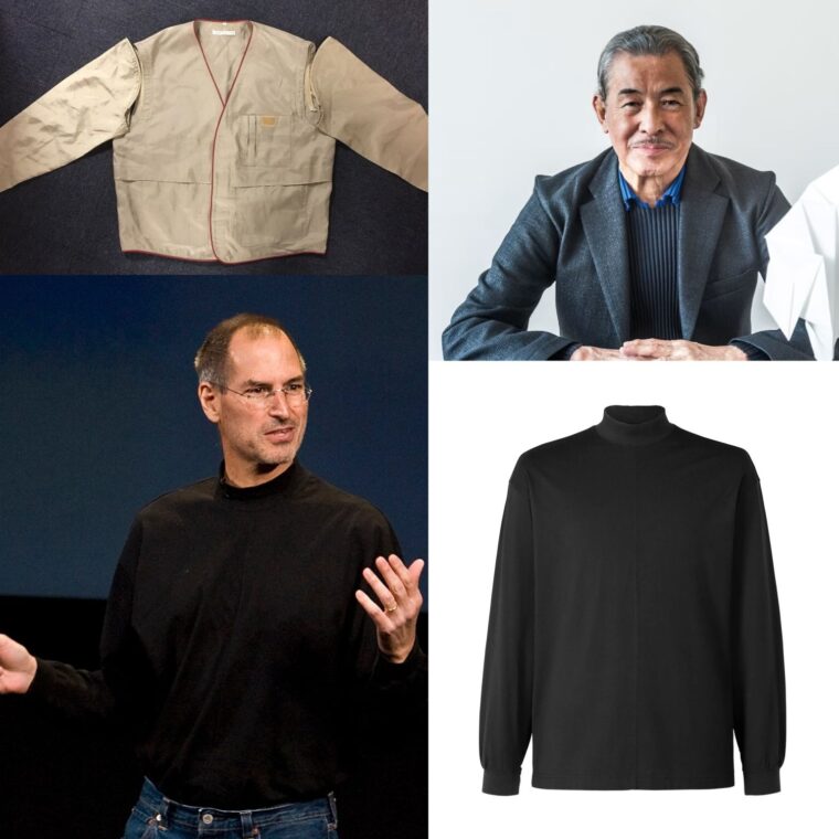 This image is a compilation of four separate images, each depicting iconic clothing associated with notable figures, although the individuals are not identified in the image. In the top left, there is a beige jacket with a red seam and a pocket on the left side, laid out flat to showcase its design. This type of jacket is often associated with a specific tech entrepreneur and industrial designer. The top right shows a portrait of Issey Miyake in a dark blazer over a blue shirt, smiling at the camera. His attire is professional, and the style of clothing is often linked with influential business professionals. In the bottom left, Steve Jobs in a black turtleneck and jeans, gesturing mid-speech. This casual yet distinctive look is closely associated with a particular late American business magnate known for his impact on the technology industry. Finally, the bottom right image displays a plain black turtleneck sweater. This style of clothing became an emblematic part of the aforementioned business magnate's signature look. Each piece of clothing in this collection is symbolic, representing the personal brand and public image of influential figures known for their roles in innovation and business.