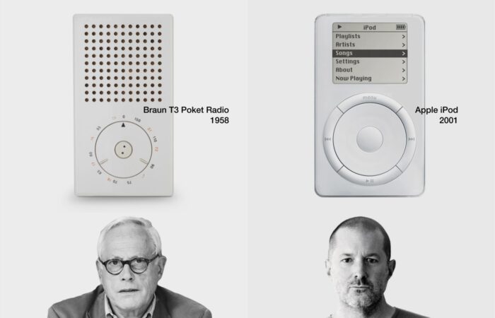 This image is a grayscale comparison featuring two influential figures in design, Dieter Rams and Jony Ive, with their respective iconic products, the Braun T3 Pocket Radio and the Apple iPod. On the left, the name "Dieter Rams" is written at the top with the "Braun" logo just above it. Below the name, there is an image of the Braun T3 Pocket Radio from 1958. This radio has a rectangular shape with a grid of circular holes on the upper half and a circular dial control area on the lower half. Beneath the radio, there's a portrait of Dieter Rams, an older man with glasses, wearing a jacket and a collared shirt. On the right, the Apple logo precedes the name "Jony Ive." Below the name, there's an image of the Apple iPod from 2001, displaying its classic click wheel design and a screen showing the iPod interface with menu items like "Playlists," "Artists," "Songs," "Settings," "About," and "Now Playing." Underneath the iPod, there's a portrait of Jony Ive, a bald man with a beard, wearing a simple t-shirt. The design elements of the radio and the iPod appear to be visually correlated, suggesting a connection in design philosophy between the two products and designers.