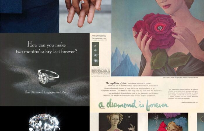 This image is a collage of various advertisements and images associated with diamond jewelry, specifically engagement rings. The top left shows a close-up of a couple's hands as one partner places an engagement ring on the other's ring finger, with the tagline "A Diamond Is Forever" above. To the right, a vintage-styled illustration depicts a woman holding a large flower, looking down at it fondly with the same tagline nearby. Below these images are several ads. One reads "How can you make two months' salary last forever?" with an image of a diamond ring and the label "The Diamond Engagement Rings." A close-up of a diamond ring is shown with the brand name "De Beers" and the enduring tagline "A Diamond Is Forever" beneath it. Additionally, there are two more vintage illustrations of women, each holding a diamond or a flower, with the consistent theme of diamonds being eternal. Various smaller text elements appear to detail romantic notions of love and the symbolism of diamonds but are not fully legible. The consistent message across these visuals emphasizes the timelessness and emotional significance of diamonds, particularly as a symbol of love and commitment in the form of engagement rings.