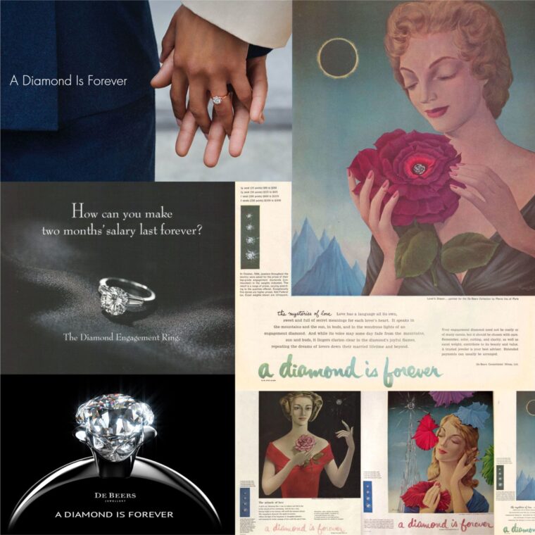 This image is a collage of various advertisements and images associated with diamond jewelry, specifically engagement rings. The top left shows a close-up of a couple's hands as one partner places an engagement ring on the other's ring finger, with the tagline "A Diamond Is Forever" above. To the right, a vintage-styled illustration depicts a woman holding a large flower, looking down at it fondly with the same tagline nearby. Below these images are several ads. One reads "How can you make two months' salary last forever?" with an image of a diamond ring and the label "The Diamond Engagement Rings." A close-up of a diamond ring is shown with the brand name "De Beers" and the enduring tagline "A Diamond Is Forever" beneath it. Additionally, there are two more vintage illustrations of women, each holding a diamond or a flower, with the consistent theme of diamonds being eternal. Various smaller text elements appear to detail romantic notions of love and the symbolism of diamonds but are not fully legible. The consistent message across these visuals emphasizes the timelessness and emotional significance of diamonds, particularly as a symbol of love and commitment in the form of engagement rings.