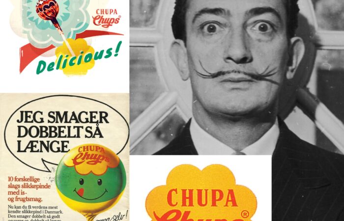 This is a collage of images related to Chupa Chups lollipops. On the top left, there is a vintage advertisement featuring the text "The PERFECT Lollipop!!" in bold, stylized lettering, with "Delicious!" written below. The Chupa Chups logo appears next to an illustrated lollipop. Below this, there's another advertisement in Danish, reading "JEG SMAGER DOBBELT SÅ LÆNGE," which translates to "I taste twice as long." It shows a cartoonish, smiling lollipop character and text highlighting ten different flavors. On the right side, there is a black-and-white photo of surrealist artist Salvador Dalí with his iconic mustache, looking directly at the camera. Lastly, the bottom right displays the Chupa Chups logo in its well-known flower shape with the brand name in the center. The colors in the images are a mix of vibrant and grayscale tones.