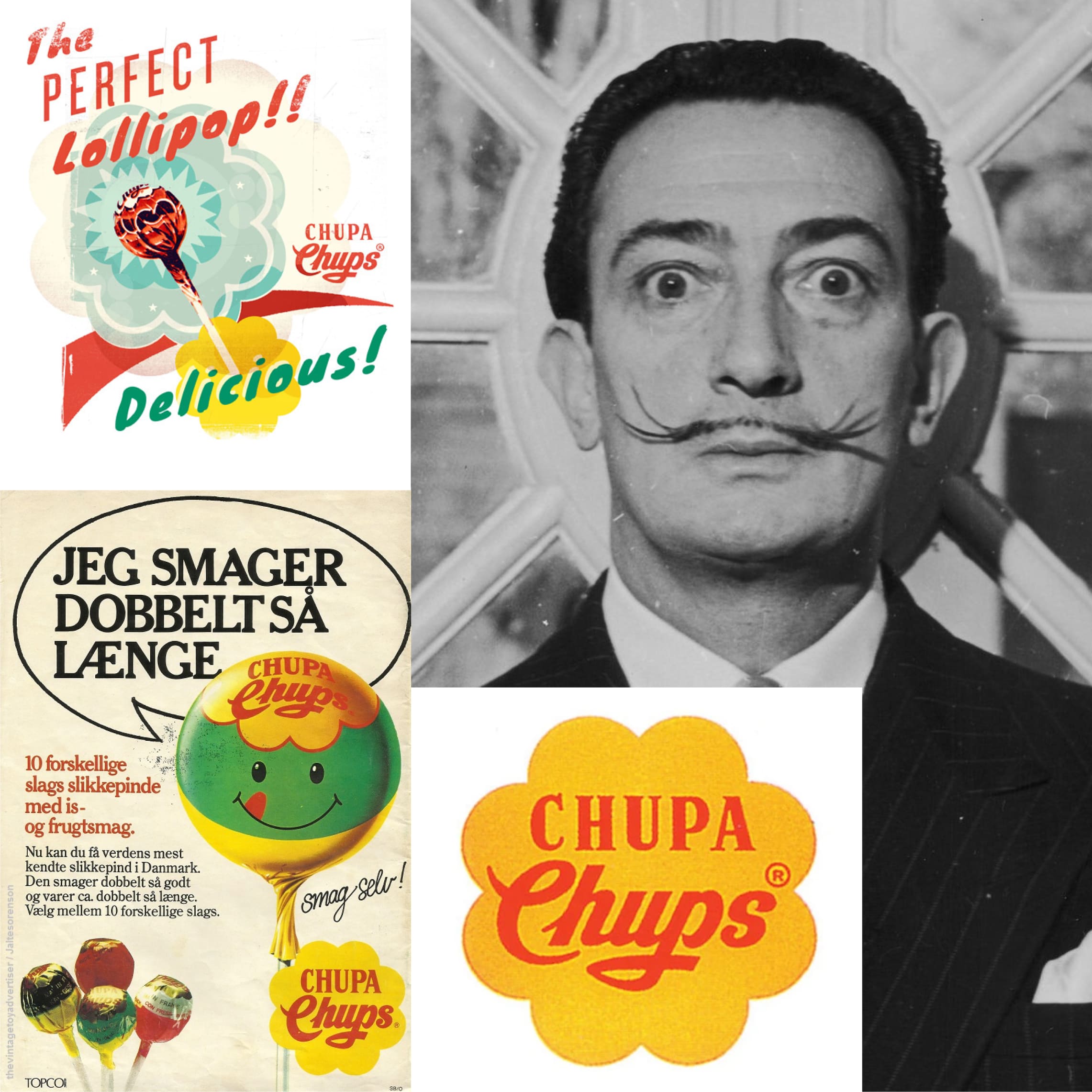This is a collage of images related to Chupa Chups lollipops. On the top left, there is a vintage advertisement featuring the text "The PERFECT Lollipop!!" in bold, stylized lettering, with "Delicious!" written below. The Chupa Chups logo appears next to an illustrated lollipop. Below this, there's another advertisement in Danish, reading "JEG SMAGER DOBBELT SÅ LÆNGE," which translates to "I taste twice as long." It shows a cartoonish, smiling lollipop character and text highlighting ten different flavors. On the right side, there is a black-and-white photo of surrealist artist Salvador Dalí with his iconic mustache, looking directly at the camera. Lastly, the bottom right displays the Chupa Chups logo in its well-known flower shape with the brand name in the center. The colors in the images are a mix of vibrant and grayscale tones.