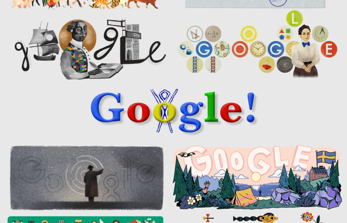 This image is a collage of various Google Doodles, which are special, temporary alterations of the logo on Google's homepage to commemorate holidays, events, achievements, and notable historical figures. There are eight doodles in total, arranged in a 3x3 grid with the center cell containing the word "Google!" in its standard colorful lettering. Starting from the top left, the first doodle features a parade of animals and mythical creatures incorporated into the letters of "Google". Next to it, there's a doodle with scientific equations and geometric drawings around the Google logo, representing a scientific theme. The top right doodle shows a vintage woman surrounded by old-fashioned items and inventions, with each item forming a part of the Google logo. In the middle row, to the left, there's a doodle with a person reading a book, and the Google logo forms part of the bookshelf and items around the person. The center is occupied by the standard "Google!" logo. The bottom row features, from left to right, a grayscale doodle with a figure standing under an umbrella amidst a light drizzle, with the Google logo faintly visible in the background; a colorful outdoor scene with mountains, a tent, and trees forming the Google logo; and finally, a doodle with a folk art style depicting people and animals in a festive scenario. These images represent the variety of themes that Google Doodles cover, reflecting Google's creative approach to celebrating diverse topics and occasions. Each doodle is distinct in artistic style and content.