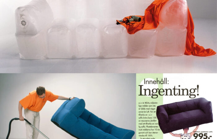 This image is a collage of three photos and some text, all advertising a piece of furniture. In the top left, there is a row of translucent inflatable plastic shaped like a couch with an orange sheet seemingly trapped inside the end bag. Below these images, the left-hand side features a person in an orange shirt and khaki pants using a vacuum under a blue inflatable couch. On the right, there's an advertisement showing a person lifting a deflated blue couch in a bag, with text that includes the price "995.-" and some Swedish text, which indicates that it's a product by IKEA. The text at the top right, “Innehåll: Ingenting!”, translates to "Contents: Nothing!" in English. This appears to be an ad showcasing the ease of storing and setting up an inflatable piece of furniture.