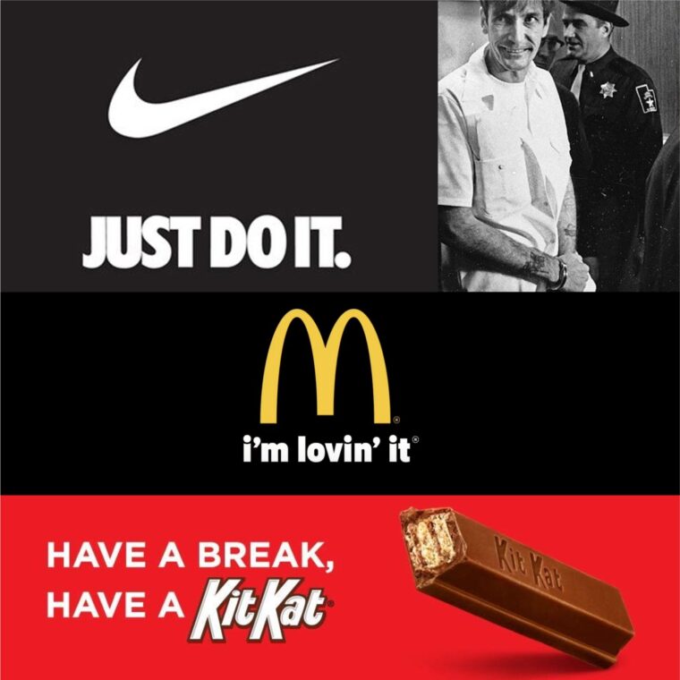 This image is divided into three sections, each highlighting a different brand and its famous slogan: Top section: Features the Nike logo, a white swoosh on a black background, with the slogan "JUST DO IT." in white capital letters beneath it. Middle section: Displays the McDonald's logo with the golden arches on a black background and the slogan "i'm lovin' it" in lower case, with a trademark symbol. Bottom section: Showcases a red background with the KitKat logo and a picture of a broken KitKat bar, revealing the wafers inside. The slogan "HAVE A BREAK, HAVE A KITKAT" is written in white capital letters.