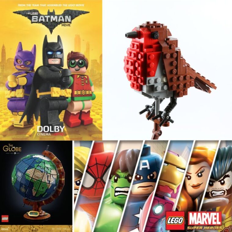 This composite image features four separate pictures, each related to LEGO: Top left: A promotional poster for "The LEGO Batman Movie" featuring LEGO characters of Batman, Batgirl, and Robin standing heroically. The background is yellow, and the text mentions Dolby Cinema and includes the movie title. Top right: A LEGO model of a red and brown bird, possibly a robin, perched on a stand. The bird is constructed from various LEGO bricks, showcasing the versatility of LEGO in creating lifelike models. Bottom left: A complex LEGO globe, with a mosaic of colorful bricks representing the continents and oceans. It's set on a brown stand with a nameplate indicating it is a LEGO Ideas set, accompanied by a set number. Bottom right: A graphic displaying characters from LEGO Marvel Super Heroes, with each character slotting into a diagonal section. Visible characters include Spider-Man, Hulk, Captain America, Iron Man, and Black Widow, all in LEGO minifigure form. Each image showcases the creative possibilities with LEGO, from movie-themed sets to intricate models and character representations.