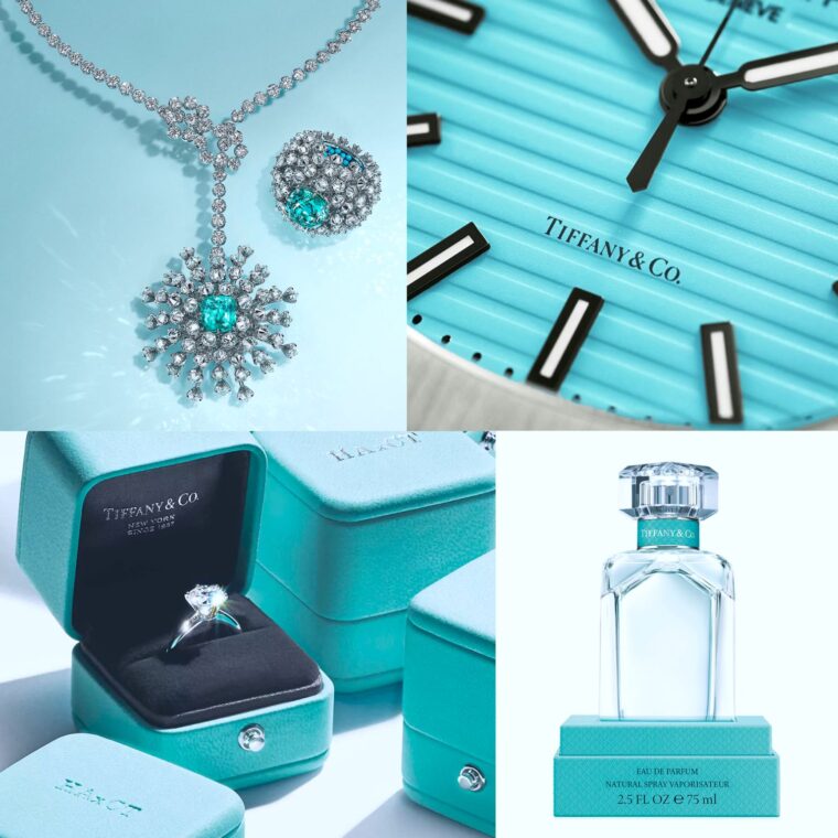 This image is a collage of four photos, each featuring products from Tiffany & Co., all set against a pale blue background that is signature to the brand: Top left: An elegant necklace and earring set with a prominent snowflake design, featuring diamonds and a central blue gemstone, possibly a turquoise or aquamarine, displayed on a light surface. Top right: A close-up of a wristwatch face with the Tiffany & Co. logo. The watch has a ridged blue face, silver casing, and black hands and hour markers. Bottom left: A collection of Tiffany & Co. boxes in their distinctive blue color. One box is open, revealing a classic solitaire engagement ring with a diamond set in a silver band. Bottom right: A clear glass perfume bottle with a faceted cap and a pale blue label indicating it is Tiffany & Co. Eau de Parfum, along with the size of the bottle (2.5 FL OZ or 75 ml). The collage showcases a range of luxury products from the brand, known for its fine jewelry and distinctive blue packaging.