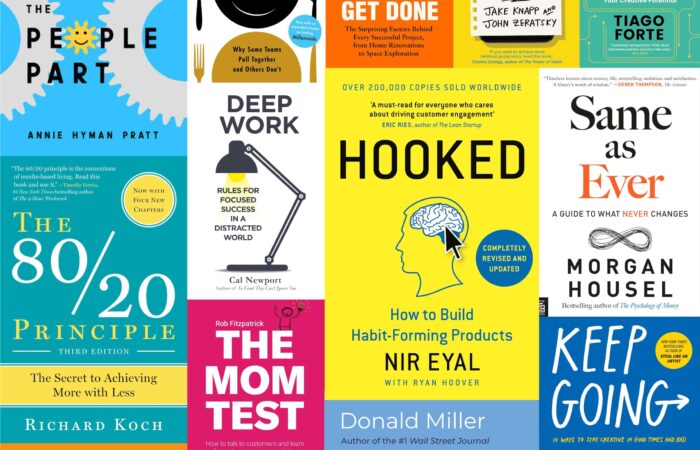 This image is a collage of several book covers, each featuring different colors, titles, and design elements. The books appear to be related to personal development, business strategies, and productivity. Each cover includes the book title, the author's name, and sometimes additional information like subtitles or accolades. Starting from the top left, the covers are: "The People Part" by Annie Hyman Pratt, showing a blue fork and spoon around a yellow circle with the title text. "Leaders Eat Last" by Simon Sinek, with a picture of a fork and knife crossed. "How Big Things Get Done" by Bent Flyvbjerg and Dan Gardner, with a blue background and yellow and white typography. "Make Time" by Jake Knapp and John Zeratsky, featuring a clock graphic with the title text. "Building a Second Brain" by Tiago Forte, showing a brain-like structure with various symbols. "The 80/20 Principle" by Richard Koch, with a bold title on a yellow background. "Deep Work" by Cal Newport, illustrating a streetlamp focusing light downwards towards the title. "Hooked" by Nir Eyal with Ryan Hoover, depicting a brain with a hook inside it, signaling the book's focus on habit formation. "Same as Ever" by Morgan Housel, a simple cover with just text. "The Mom Test" by Rob Fitzpatrick, with a bright pink background and the title in white text. "Business Made Simple" by Donald Miller, which features a yellow light bulb with a brain inside it. "Keep Going" by Austin Kleon, with a hand holding a pencil, drawing a line that turns into the title text. "How to Succeed with People" by Paul McGee, showing a graphic of two speech bubbles. "Product-Led Growth" by Wes Bush, which shows a magnifying glass focusing on the title text. "The Diary of a CEO" by Steven Bartlett, featuring a minimalist design with just the title in bold. Each book cover has a unique design that reflects its content, using graphics and typography to convey the book's theme or main idea.