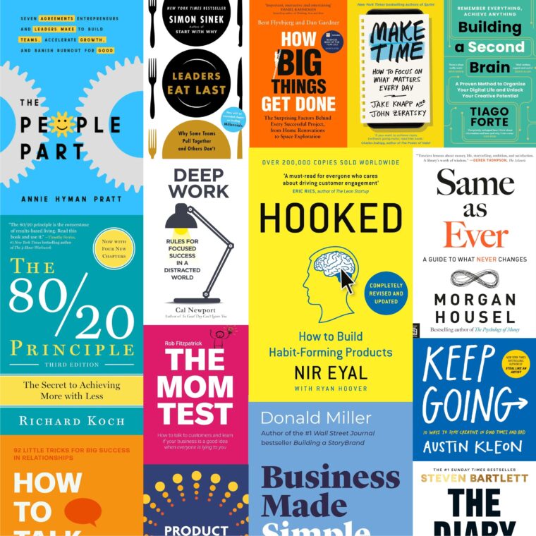 This image is a collage of several book covers, each featuring different colors, titles, and design elements. The books appear to be related to personal development, business strategies, and productivity. Each cover includes the book title, the author's name, and sometimes additional information like subtitles or accolades. Starting from the top left, the covers are: "The People Part" by Annie Hyman Pratt, showing a blue fork and spoon around a yellow circle with the title text. "Leaders Eat Last" by Simon Sinek, with a picture of a fork and knife crossed. "How Big Things Get Done" by Bent Flyvbjerg and Dan Gardner, with a blue background and yellow and white typography. "Make Time" by Jake Knapp and John Zeratsky, featuring a clock graphic with the title text. "Building a Second Brain" by Tiago Forte, showing a brain-like structure with various symbols. "The 80/20 Principle" by Richard Koch, with a bold title on a yellow background. "Deep Work" by Cal Newport, illustrating a streetlamp focusing light downwards towards the title. "Hooked" by Nir Eyal with Ryan Hoover, depicting a brain with a hook inside it, signaling the book's focus on habit formation. "Same as Ever" by Morgan Housel, a simple cover with just text. "The Mom Test" by Rob Fitzpatrick, with a bright pink background and the title in white text. "Business Made Simple" by Donald Miller, which features a yellow light bulb with a brain inside it. "Keep Going" by Austin Kleon, with a hand holding a pencil, drawing a line that turns into the title text. "How to Succeed with People" by Paul McGee, showing a graphic of two speech bubbles. "Product-Led Growth" by Wes Bush, which shows a magnifying glass focusing on the title text. "The Diary of a CEO" by Steven Bartlett, featuring a minimalist design with just the title in bold. Each book cover has a unique design that reflects its content, using graphics and typography to convey the book's theme or main idea.
